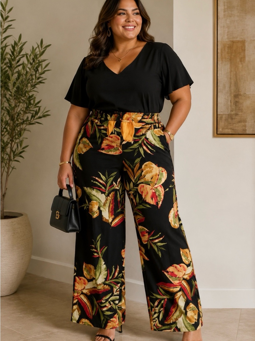 Plus Size Black Floral Wide-Leg Palazzo Pants